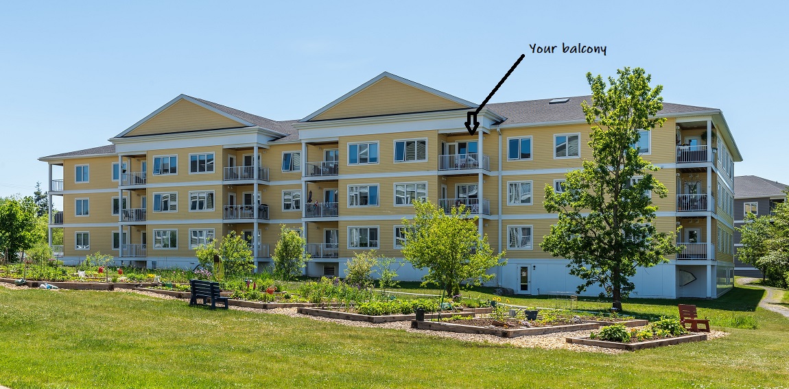 Exterior shot of balcony Suite 306 - 45 Woodman Road, Wolfville